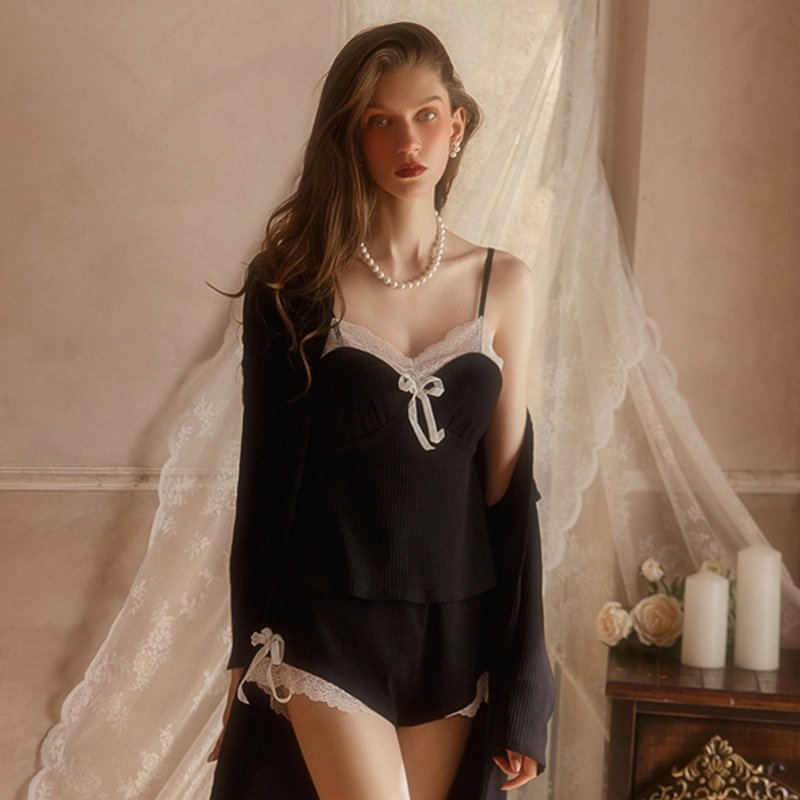 Angelina Premium Nightwear Set (Black) - Lace Theories
