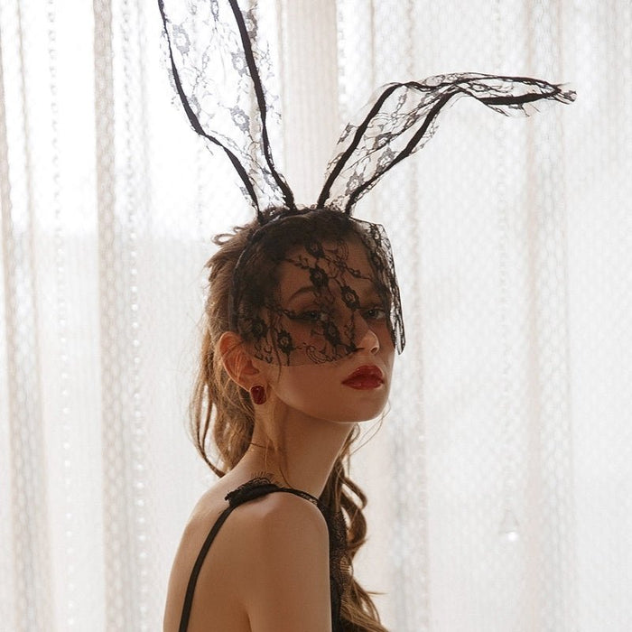 Bunny Lace Headgear+ Eye Mask (Black) - Lace Theories