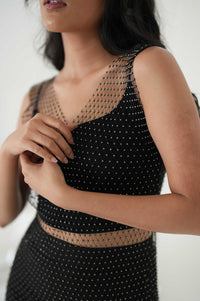 Glitter Rhinestone Fishnet Side Split Sleeveless Dress (Black) - Lace Theories