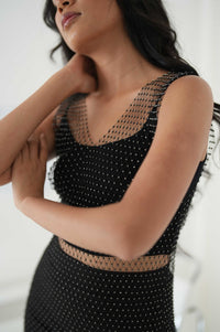 Glitter Rhinestone Fishnet Side Split Sleeveless Dress (Black) - Lace Theories